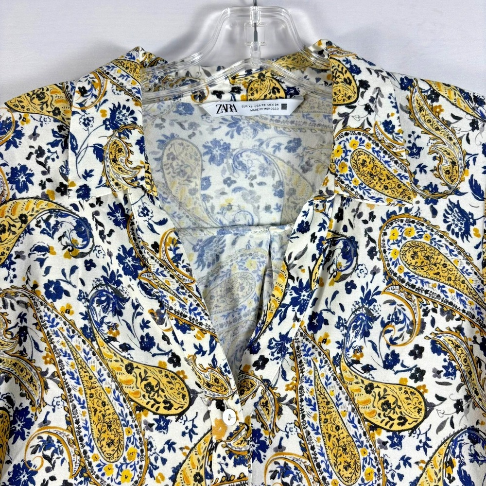 Zara Blue White Paisley Button Up Long Sleeve Collar Blouse Top Women casual‎ XS